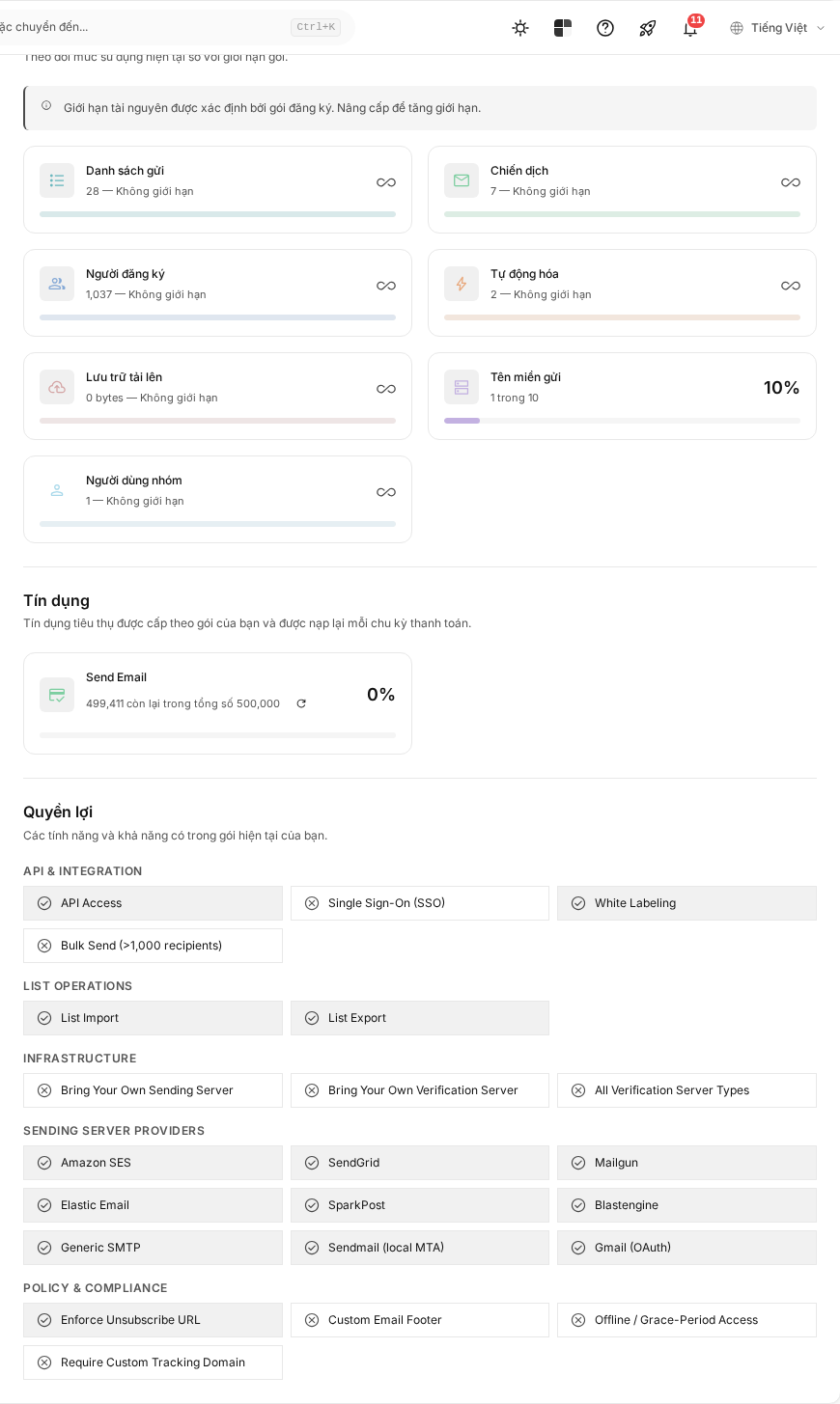 Theo dõi quota và tín dụng — detail