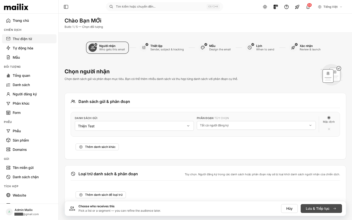 Chọn Danh sách và phân khúc nhận email — list